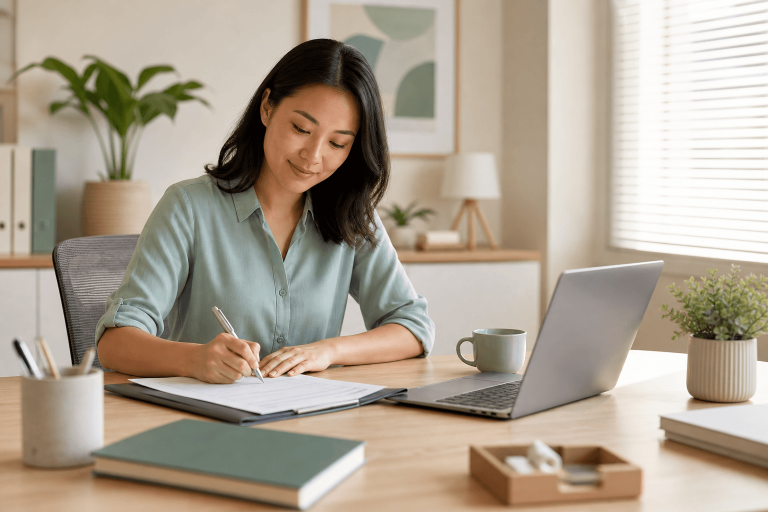 Person completing employment paperwork at an office desk