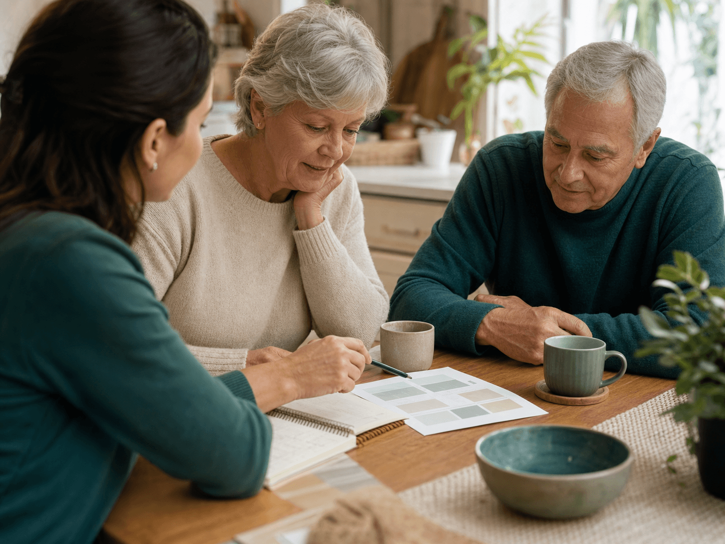 A family reviewing a practical care plan at the kitchen table